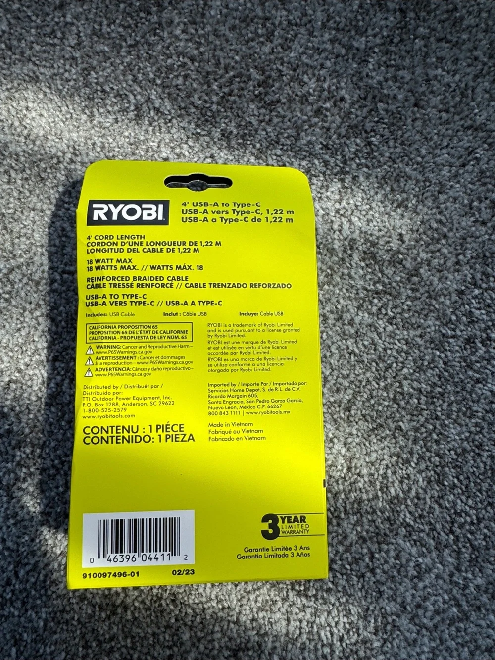 Ryobi yellow/neon USB-A to USB-C Braided Charging Cable - 4'